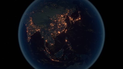 Zoom to the Far East. The Night View of City Lights. World Zoom Into Eastern Asia - Planet Earth. Political Borders of East Asian Countries: China, Japan, Mongolia, Korea. Super Detailed Space View.