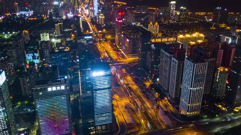night time shenzhen city downtown traffic street aerial panorama 4k timelapse china