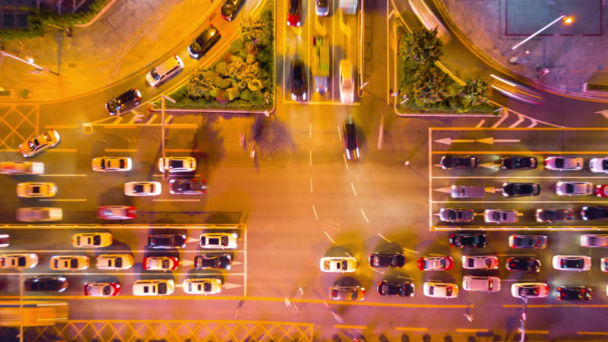 Night time illumination shenzhen downtown traffic street crossroad top view 4k timelapse china