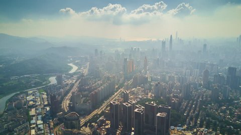 sunny day shenzhen cityscape hongkong border riverside aerial panorama 4k timelapse china