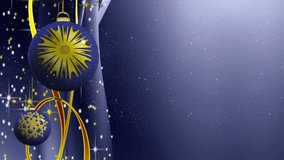 Detail of elegant New Year and Christmas decoration, blue ornaments, sparkling bulbs and ribbons, snowflakes falling, festive background, magical seasonal scene, animated abstract illustration - Powered by Shutterstock - Get 15% off with code: PIKWIZARD15