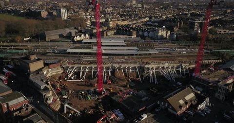 Aerial drone flight over Train Station in the North of London, England.