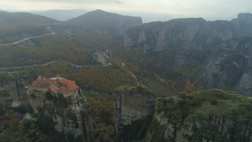 Aerial view of the Meteora rocky landscape and monasteries in Greece.