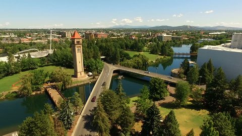 Aerial View Spokane Downtown River walk Road Crossing Clock Tower