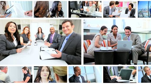 Montage collection of young Multi Ethnic business people using modern wireless tablet communication technology