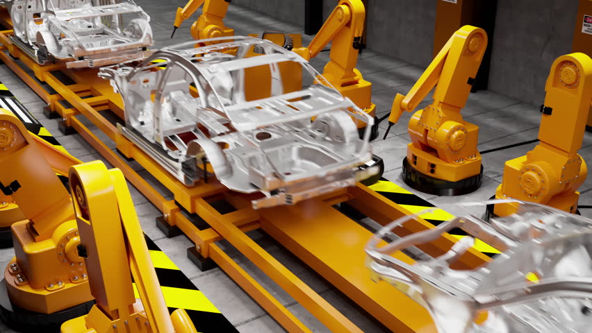 Moving transporter of conveyor belt with frameworks of unfinished cars and robots welders, back view. Loopable elements Royalty-Free Stock Footage #33242512