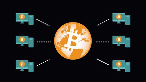 Bitcoin. Computers exchanging data world map networking bitcoin flat icon