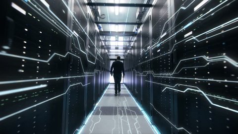 IT Engineer Moving Followed By Conceptual Representation of Digitization of Information Flow Moving Through Rack Servers in Data Center. Shot on RED EPIC-W 8K Helium Cinema Camera.