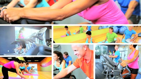 Multiple montage images people following healthy fitness and exercise lifestyle using modern gym equipment