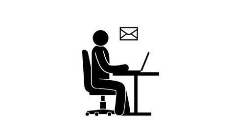 Pictogram man receives and sends emails via laptop. Looped animation with alpha channel.