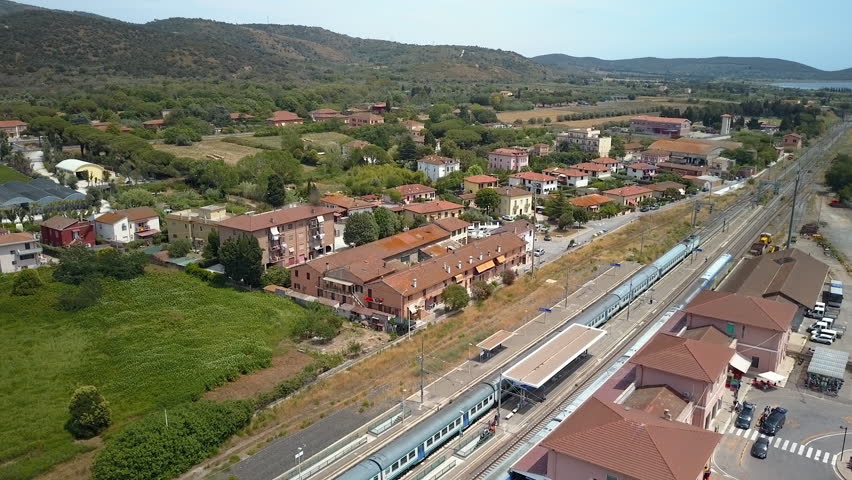 Aerial view of the streets and houses in Orbetello in Italy seen the rooftops of the houses in the city