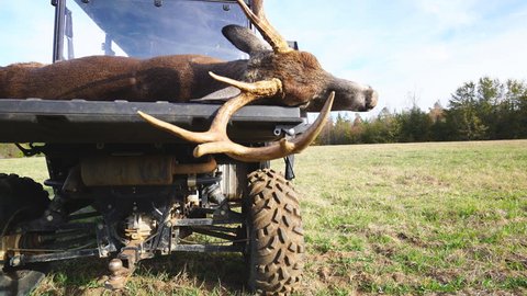 Whitetail Deer Hunter trophy buck on the back of ATV  after a successful hunt. November in Georgia. Filmed with gimbal rig.