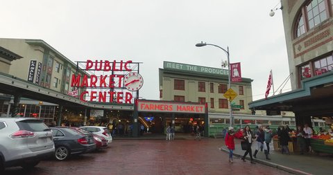 SEATTLE, WA/USA - FEBRUARY 2017: Exterior View of Pike Place Farmers Market Entrance Signs