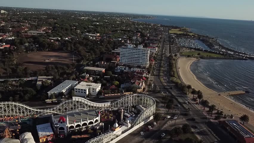 Aerial view of amusement park carnival in St Kilda, Melbourne Australia