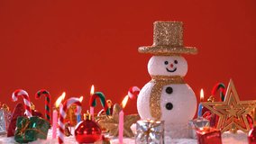 Snow man and gift box decoration on snow for new year or christmas holiday international , in happy time rotation 360 degree around view in  loopable.