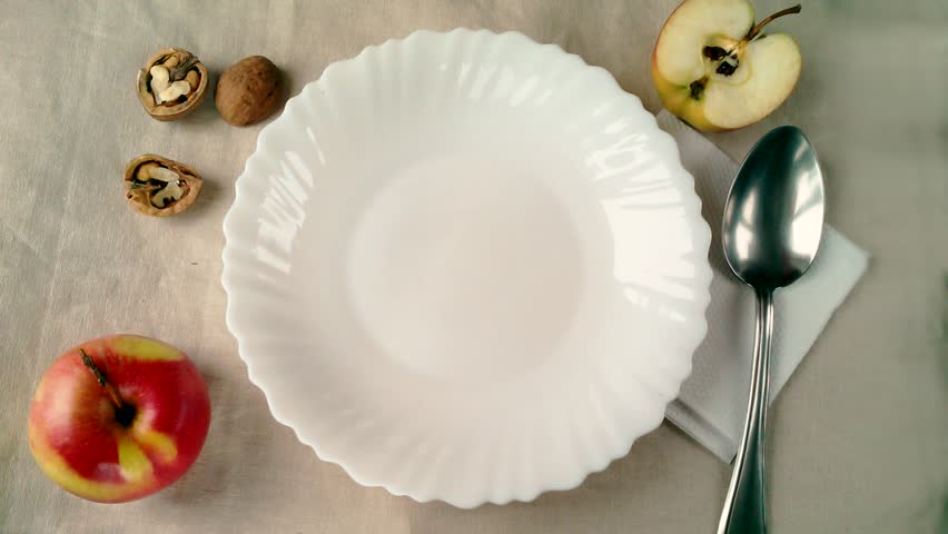 Healthy morning breakfast. Breakfast with apples, walnuts and oat