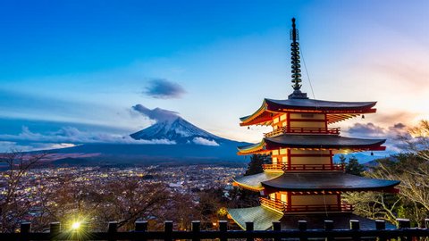 Timelapse of Mt. Fuji with Chureito Pagoda at night, Fujiyoshida, Japan