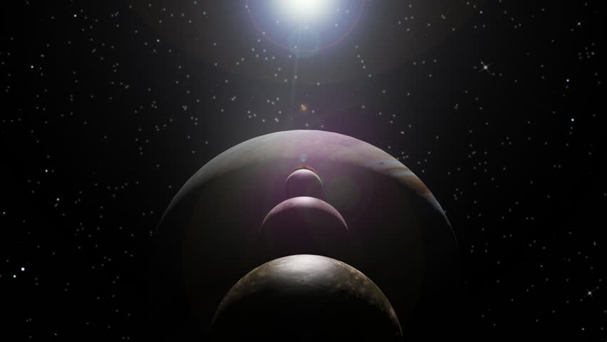 Animation of a sunrise on Jupiter with moons aligned