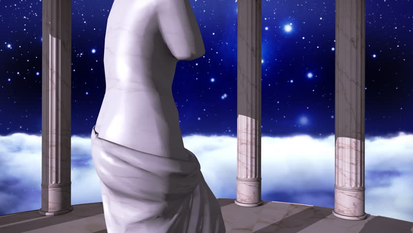 Space scene with a marble greek temple and a sculpture of the goddess Venus of