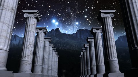 Cosmic scene with greek pillars and the ancient god Zeus