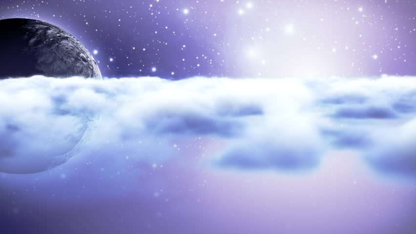 Space scene with a planet and clouds. Hovering trough the galaxy like a dream