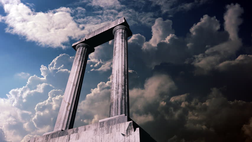 Animation of a piece of an ancient greek temple with clouds in the background
