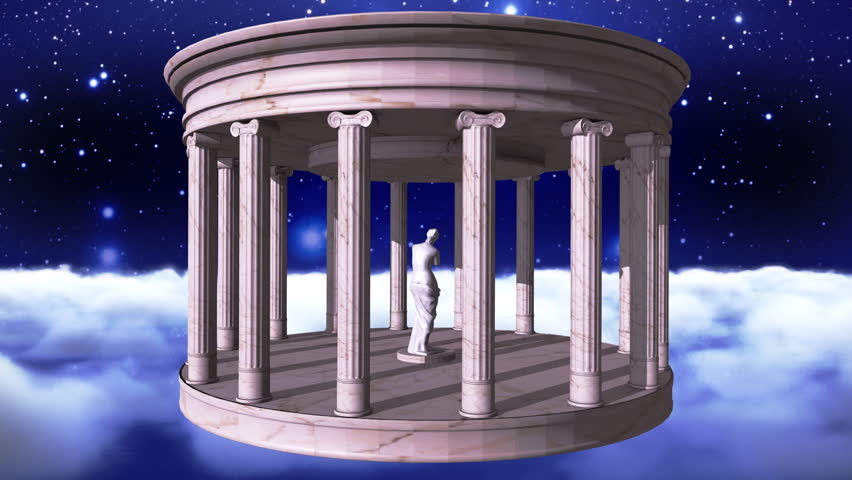 Space scene with a marble greek temple and the goddess Venus of Milo