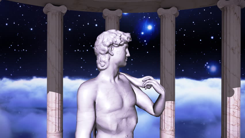 Cosmic scene with a marble greek temple and the sculpture of David