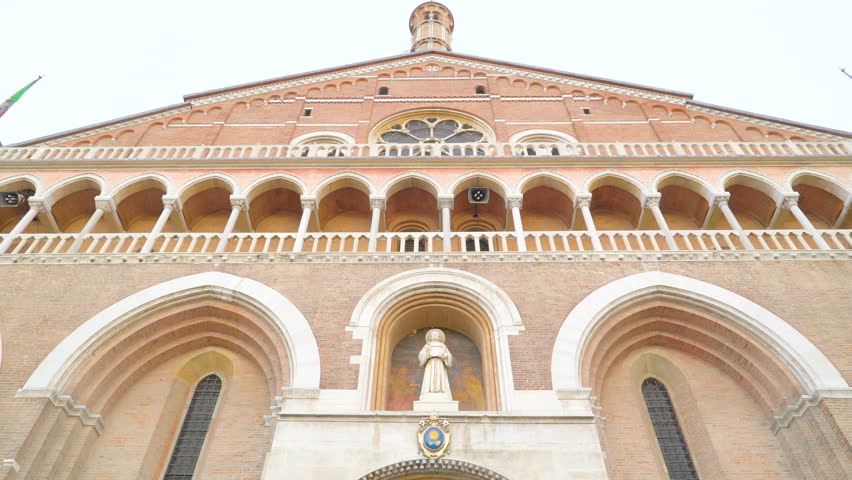 Front view of the Basilica di Sant Antonio with the sculptures and statues on the wall in Padova Italy
