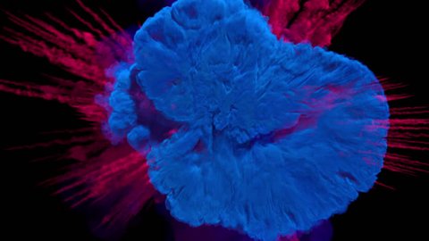 Colored smoke explosion with puff towards the camera, smoke hits camera's lense. Separated on pure black background, contains alpha channel.