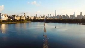 New York cityscape aerial view from the Central park reservoir aerial