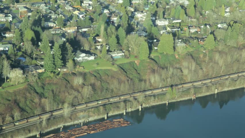 Fraser River and train near Maple Ridge BC Canada