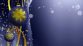 Detail of elegant New Year and Christmas decoration, blue ornaments, sparkling bulbs and ribbons, snowflakes falling, festive background, magical seasonal scene, animated abstract illustration - Powered by Shutterstock - Get 15% off with code: PIKWIZARD15