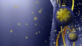 Detail of elegant New Year and Christmas decoration, blue ornaments, sparkling bulbs and ribbons, golden stars falling, festive background, magical seasonal scene, animated abstract illustration - Powered by Shutterstock - Get 15% off with code: PIKWIZARD15