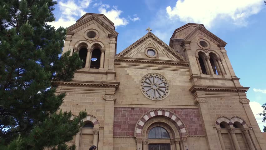 4K Great aerials and motion stabilized shots of the Historic Cathedral Basilica and central historic district in Santa Fe NM. Some clips edit together seamlessly for longer footage.