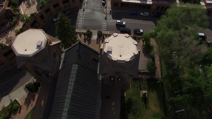 4K Great aerials and motion stabilized shots of the Historic Cathedral Basilica and central historic district in Santa Fe NM. Some clips edit together seamlessly for longer footage.
