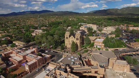 4K Great aerials and motion stabilized shots of the Historic Cathedral Basilica and central historic district in Santa Fe NM. Some clips edit together seamlessly for longer footage.