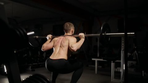 Handsome muscular man exercise squats in the gym.