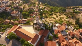 Aerial bird's eye video taken by drone of picturesque village of Arachova, Voiotia, Greece
