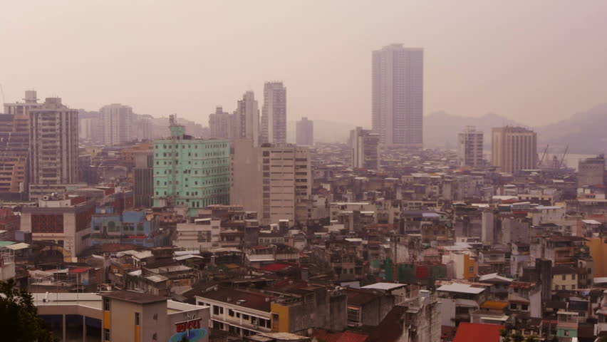 Misty Residential Historic Macau seen from above at the Monte Fort – wide shot