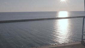 Aerial drone footage view of seaport Port harbor sunshine in italy // no video editing 