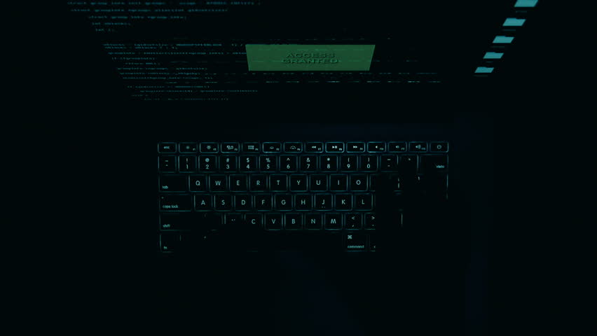 The computer keyboard glows in the dark. Keyboard backlight. The fingers are typing on the keyboard. The hacker works at night in total darkness. Computer monitor screen. Top view.