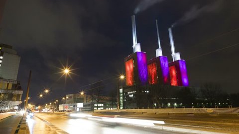Hannover, Germany - November 27, 2017: Hannover-Linden Power Plant at early morning. Time lapse