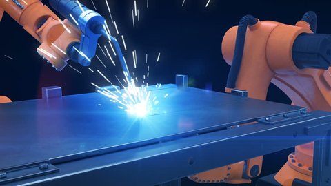 Robots Cutting Metal Process at Workshop. High Precision Modern Tools in Heavy Industry. Automatic work. Technology and Industrial Concept. 4k Ultra HD 3840x2160.