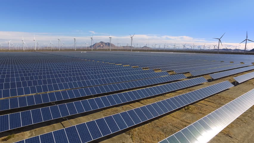 Solar energy, wind farm, green energy production.  Royalty-Free Stock Footage #33354343