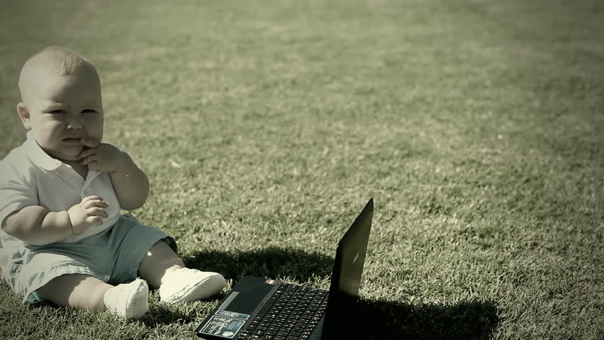The baby on the grass with a computer