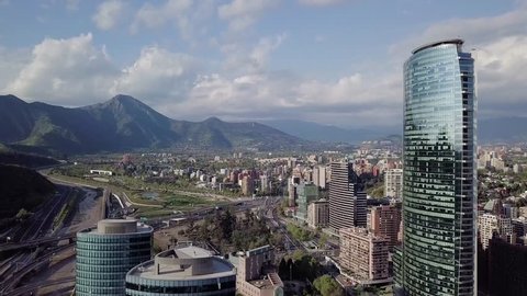 Aerial view of "Manquehue hill" and "Vitacura bicentennial park", on a clear day in Santiago of Chile