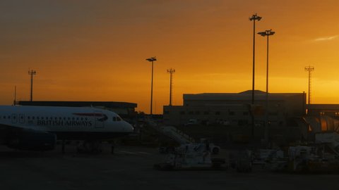 LISBON, circa 2017 - Golden hour establishing view of the Aeroporto da Portela, also known as Humberto Delgado, in Lisbon, Portugal