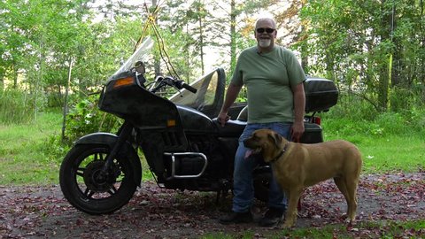 mastiff dog sidecar rider and motorcycle owner standing interview in front of bike