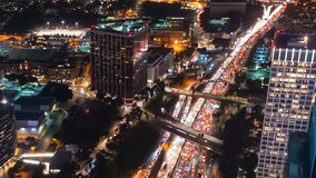 Time-lapse traffic on the 110 Downtown Los Angeles highway at night